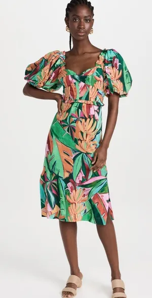 Farm Rio Puff-Sleeve Midi Dress Banana Leaf thumbnail 1