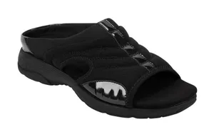 NWT Easy Spirit Traciee Square Toe Casual Flat Sandals Black Patent Multi 7.5WW thumbnail 1