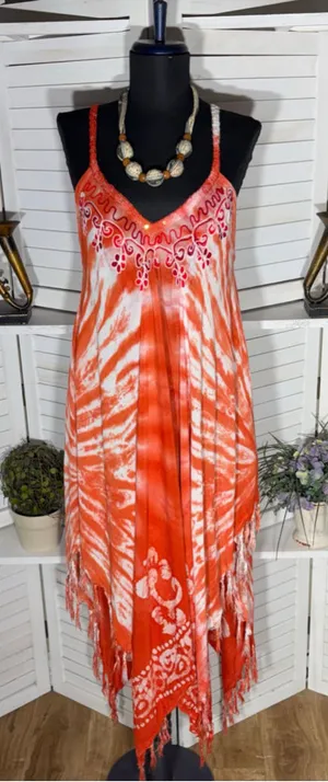 Vintage gauze cotton boho dress tie dye asymmetrical beach cover up fringes S M thumbnail 1