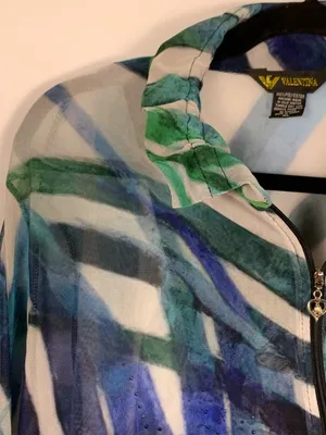 Valentina Womens XL Mesh Jacket Blue Green Tropical Print Sheer Lightweight thumbnail 3