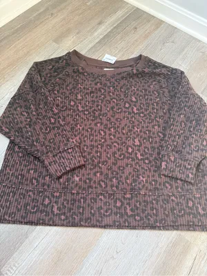 American Eagle Big Hug Leopard Waffle Knit Crewneck Sweatshirt Brown Black XXL thumbnail 2