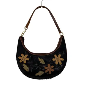 Floral Embroidered Pony Hair Crescent Hobo‎ Bag Black Brown Leather Strap Boho thumbnail 6