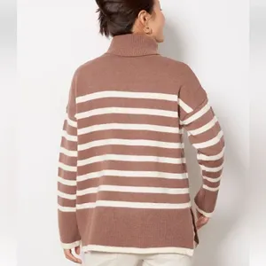 Line & Dot Stripe Pullover Tan & Cream Turtleneck Sweater(Size Medium) thumbnail 2