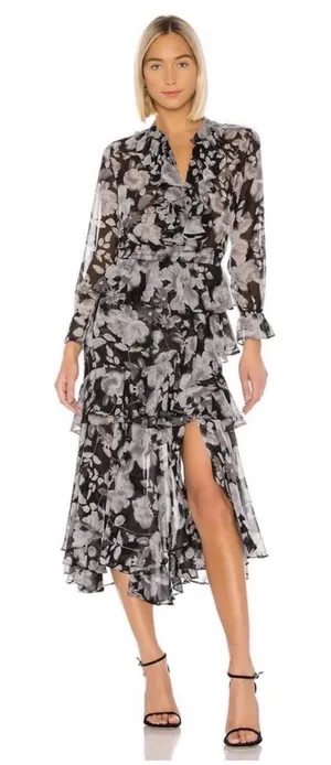 MISA Los Angeles Agnese Ruffle Tiered Midi Dress Chiffon Black Floral Boho XS thumbnail 1