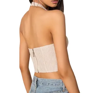 Revolve Superdown Rudy Halter Top Beige White Striped Womens Medium NEW With Tag thumbnail 3