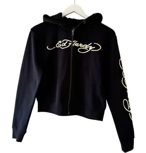 Ed Hardy Black Snake Skull Logo Cropped Zip Up Hoodie Sweatshirt SZ S #2290 thumbnail 1