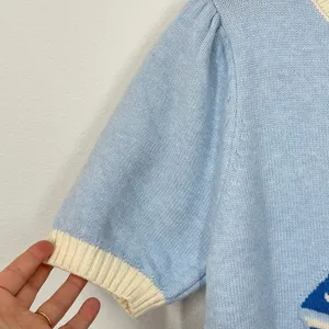 Threaded Leaf Women's Cropped Knit Sweater Blue Sailboat Puff Sleeve Sweater NWT thumbnail 6