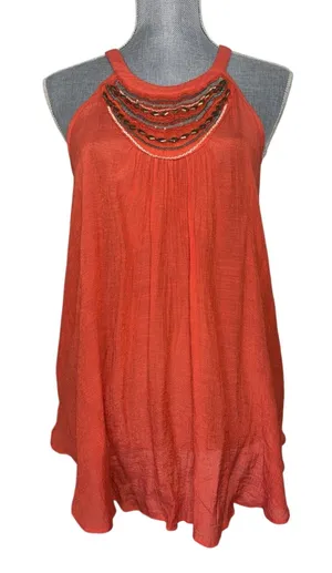 Iz Byer Orange Flowy Beaded Sequin Sleeveless Top Boho Hippie Festival Large thumbnail 1