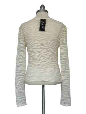Just Polly NWT Sz M Cream Sheer Lace Top Textured Zebra Print Long Sleeve Crewneck thumbnail 3