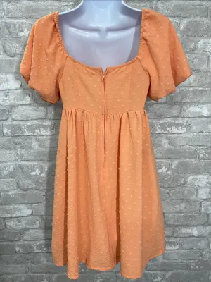 Altar'd State Peach Orange Swiss Dot Puff-Sleeve Mini Dress thumbnail 2
