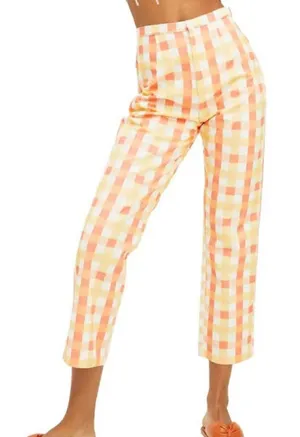 Free People Orange White She’s All That Plaid High Rise Pants thumbnail 1
