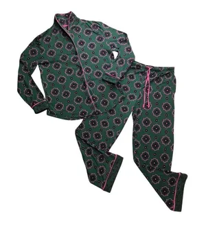 Room Service Pajama Set Women Small Green Pink Geometric Long Sleeve‎ thumbnail 1
