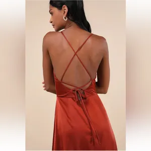Lulus Rust Orange Satin Silky Lace-Up Backless Maxi Dress thumbnail 4