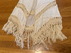 Dreamers Boho Fringe Crochet Trim kimono cardigan Swim Coverup in Cream size M thumbnail 9