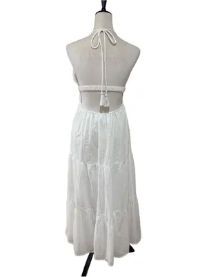 NWT En Crème White Swiss Dot Halter Open Back Cutout Tiered Summer Maxi Dress Sm thumbnail 5