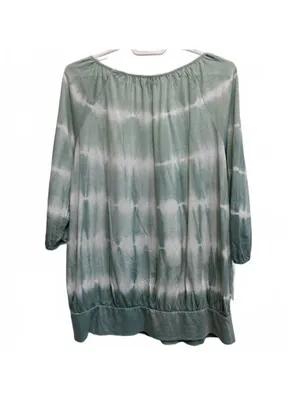 Chaps Green and White Tie Dye Banded Bottom Blouse Plus Size 1X thumbnail 2