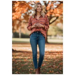 Free People Fawn Over You‎ Plaid Button Down Top Women's XS Orange Boho Chic thumbnail 8