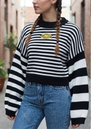 UNIF Logo Striped Oversized Sleeve Crop Sweater Medium Y2K Indie Sleaze thumbnail 1