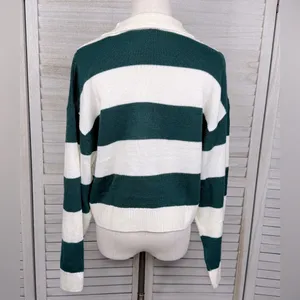 H&M (Divided) Cropped Rugby Stripe Sweater Green/White-Small thumbnail 2