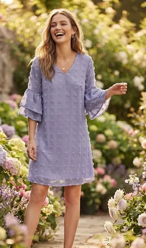 Lilac V-Neck Mini Dress with Textured Dot Detail thumbnail 1