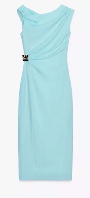 Zara Light Aqua Sheath Dress with Side Drape thumbnail 1