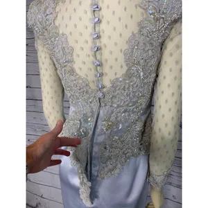 1990s Vintage Ice Blue Beaded Formal Gown Sheer Lace Bodice Custom S-M thumbnail 9