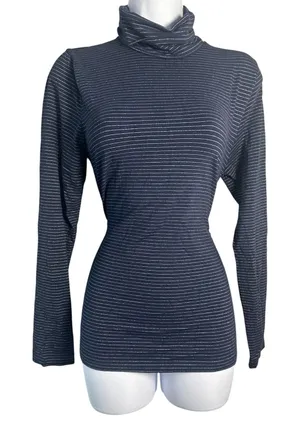 J.Crew Navy Blue Silver Metallic Striped Turtleneck Top BM313 Womens Medium‎ thumbnail 1