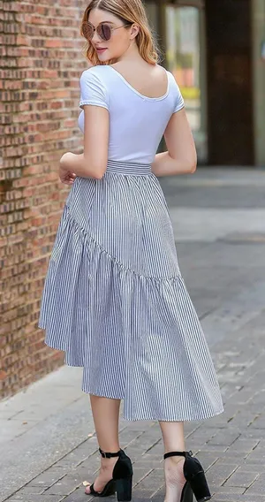Zeagoo NWT High Low Navy Blue And White Stripe Skirt - M thumbnail 4