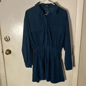 CIDER Solid Collar Mini Dress XS Dark Teal NEW Fall Academia Classic Preppy Boho thumbnail 3