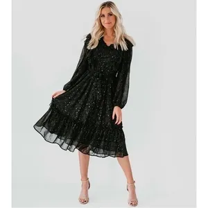 BY THE RIVER Chiffon Midi Dress Ruffled Black Gold Stars Party Glam Star Small‎ thumbnail 4