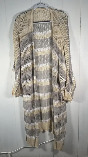 Women’s XL Beige Striped Open Knit Long Cardigan Duster Boho thumbnail 1