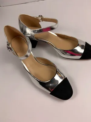 J.Crew Maisie Womens 9.5 Silver Leather Mary Jane Block Heel Black Cap Toe Shoes thumbnail 12