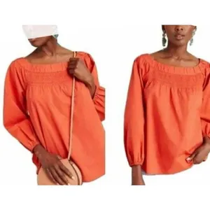 Anthropologie Maeve coral smocked neck long sleeve blouse small thumbnail 2