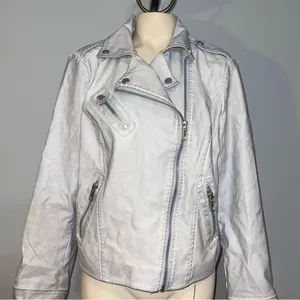 Chico’s light blue silver zipper faux leather motorcycle jacket coat womans M thumbnail 5