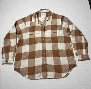 American Eagle Brown White Plaid Button Up Flannel Shirt Size Medium 100% Cotton thumbnail 1