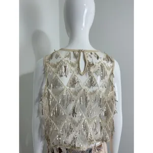 Women’s Sequin Fringe Crop Top Sheer Mesh Party Festival Shirt Approx Size S thumbnail 3