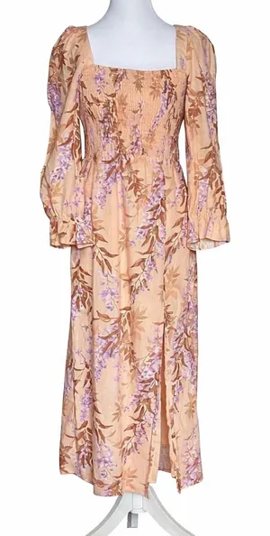 House of Harlow 1960 Linen Blend Smocked Midi Dress XS Peach Floral Palm Bishop‎ thumbnail 1