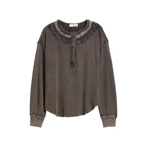 NWT Free People Holly Henley Thermal Long Sleeve Top Black Combo thumbnail 8
