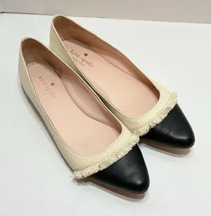 Kate Spade Nelly Canvas Cap Toe Pointed Ballet Flats Beige Black Fringe Sz 8M thumbnail 1