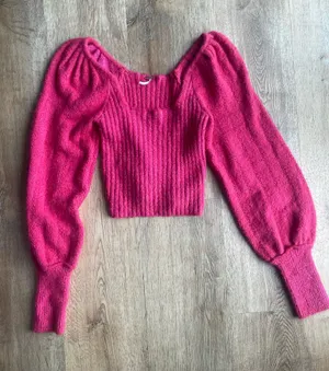 Free People Pink Puff Sleeve Sweater Top Size M Cropped Knit Square Neck thumbnail 1