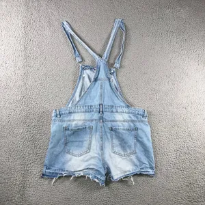 Denim Shorts Overalls Women M 10 Light Wash Distressed Raw Hem Shortalls Y2K 90s thumbnail 2