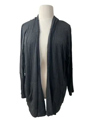 Cozy Soft Fleece Beyond Yoga Charcoal Gray Hooded Open Front Cardigan Jacket thumbnail 2