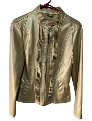 Frida G Faux Leather Jacket With Pleated‎ Front 2 Front Pockets M Gold thumbnail 1