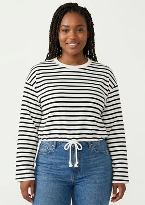 Madewell Top Womens M Black White Striped Drawstring Hem Long Sleeve‎ Tee NZ385 thumbnail 1