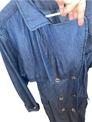JustFab Double Breasted Longline lightweight Denim Trench Coat Belted minimalist thumbnail 7