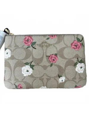Coach Corner Zip Wristlet Signature Monogram Canvas Gold Light Khaki thumbnail 9
