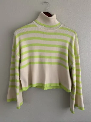 Nasty Gal Striped Crop Turtleneck Sweater in Cream & Lime thumbnail 1