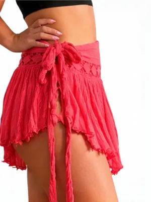 Free People One Coral Boho Wrap Skort Crochet Lace Side Tie Festival Shorts L thumbnail 3