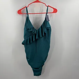 Summer Mae Maternity Swimsuit SZ Medium One Piece Teal Rib Ruffle V Neck NWT thumbnail 14