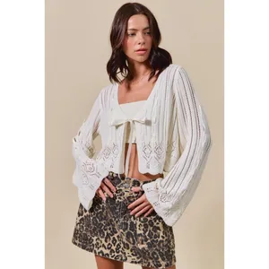 SO ME Textured Sweater Open Front Ribbon Tie Cardigan - Off White - XL‎ thumbnail 4